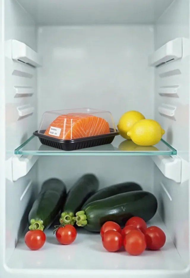 Foto del frigo con salmone in confezione, limoni, zucchine e pomodorini
